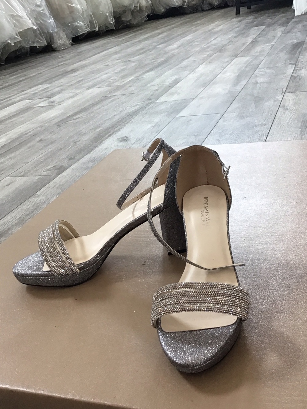 Benjamin Walk Silver Glitter Block Heel Sandals with Beaded Strap
